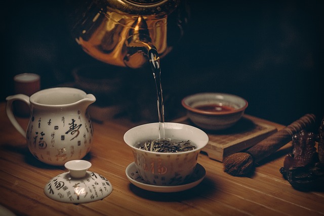 Tea tasting setup with various teacups and pots
